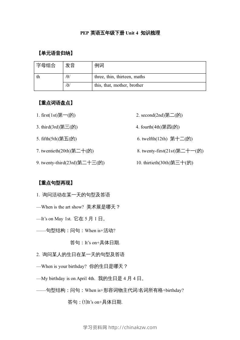 五年级英语下册【完美】单元知识梳理-Unit4Whenistheartshow（人教PEP版）-学习资料站