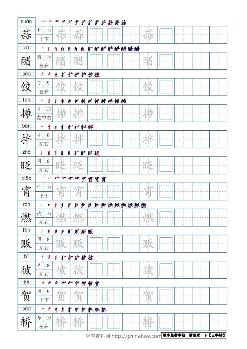 六年级语文下册【2022年更新】生字表120个字帖10页（带偏旁部首、笔顺，拼音）（部编版）-学习资料站