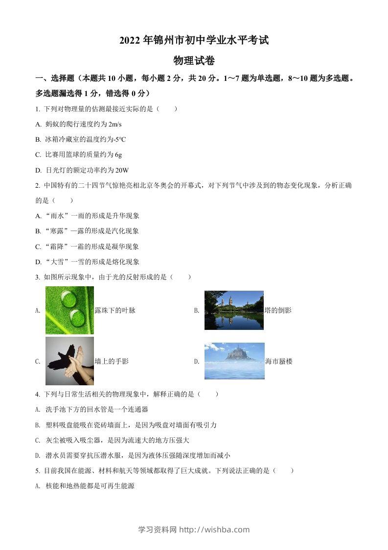 2022年辽宁省锦州市中考物理试题（空白卷）-学习资料站