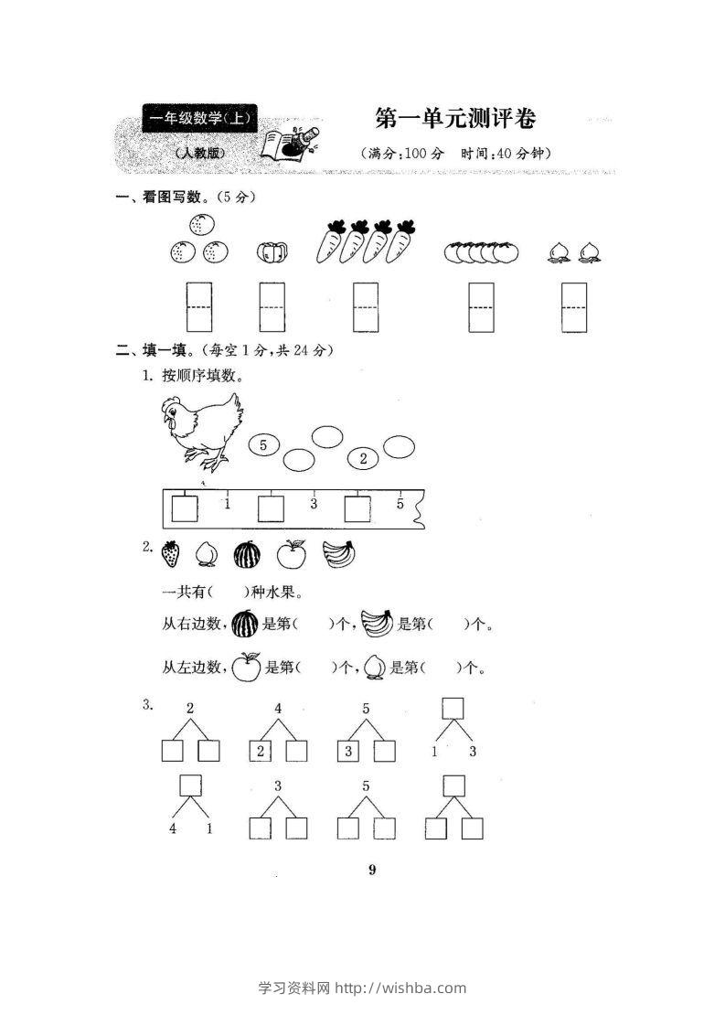 一上人教版数学【2024秋-第一单元测试卷7】-学习资料站