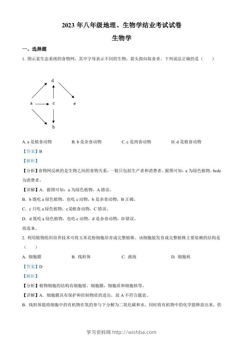 2023年内蒙古包头市中考生物真题（含答案）-学习资料站