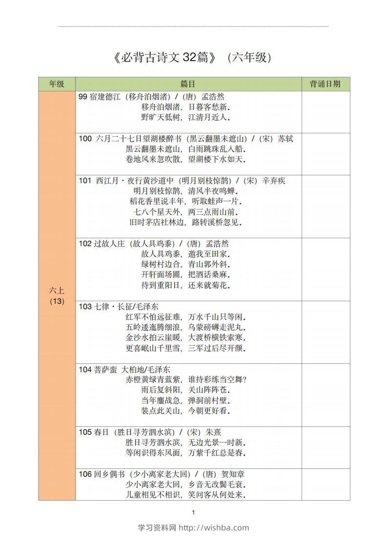【古诗文背诵记录表】六年级语文-学习资料站