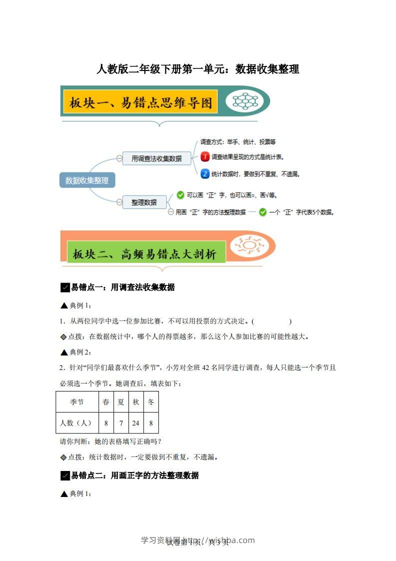 人教版数学二年级下册第一单元《数据收集整理》易错点大全-学习资料站