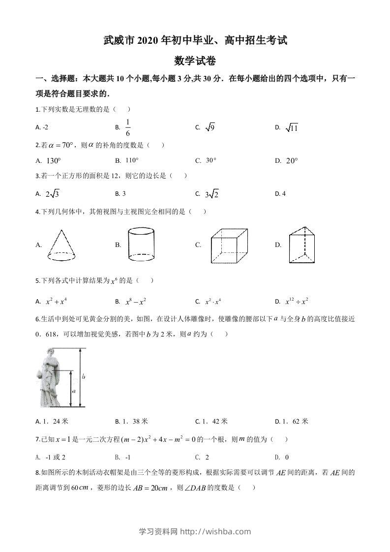 甘肃省武威市2020年中考数学试题（空白卷）-学习资料站