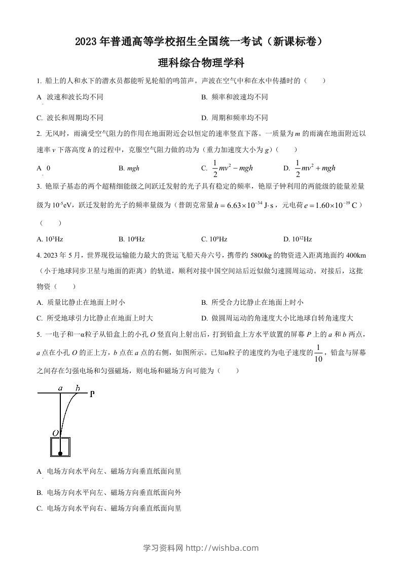 2023年高考物理试卷（新课标）（空白卷）-学习资料站