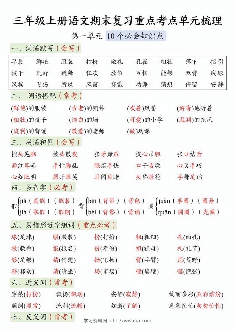 【期末复习1-8单元重点考点单元梳理】三上语文-学习资料站