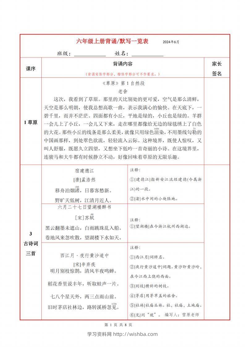 六上语文背诵默写一览表-学习资料站