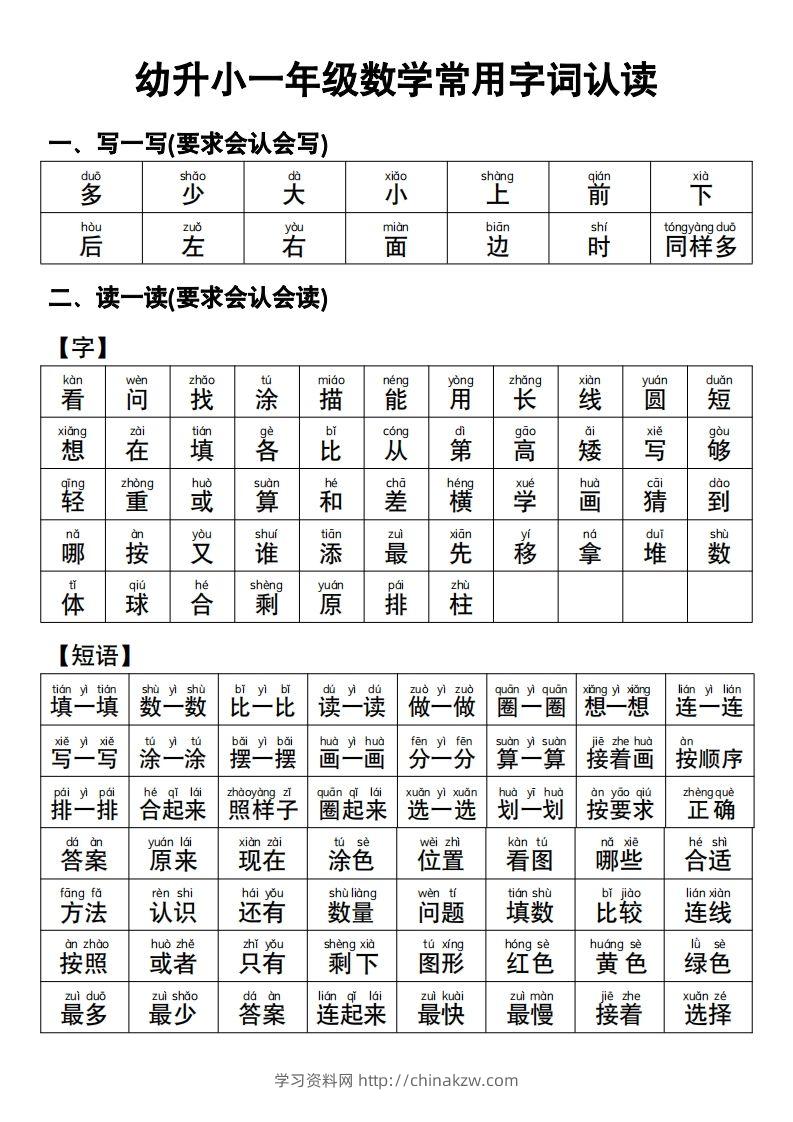 幼小衔接语文常用字词认读-学习资料站