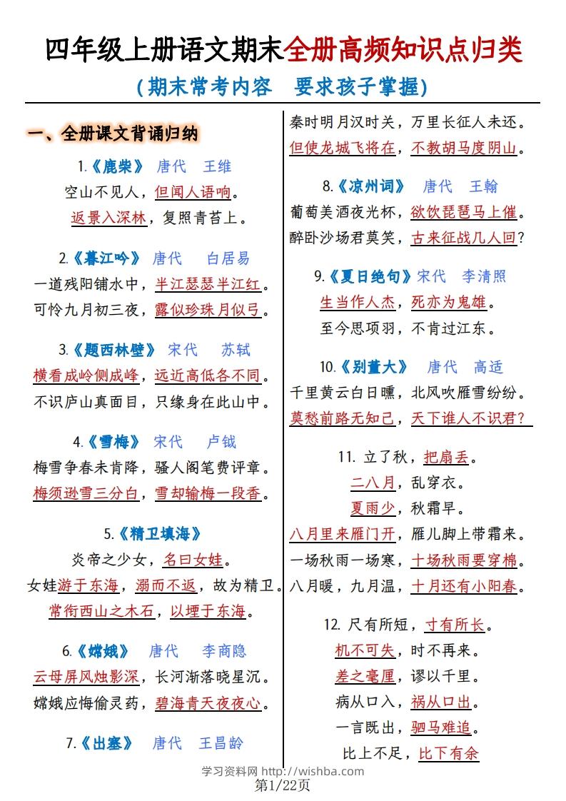 四上语文期末复习-全册高频知识点归纳-学习资料站