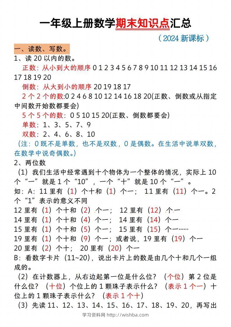 【一上数学人教版】一年级上册数学期末知识点汇总-学习资料站