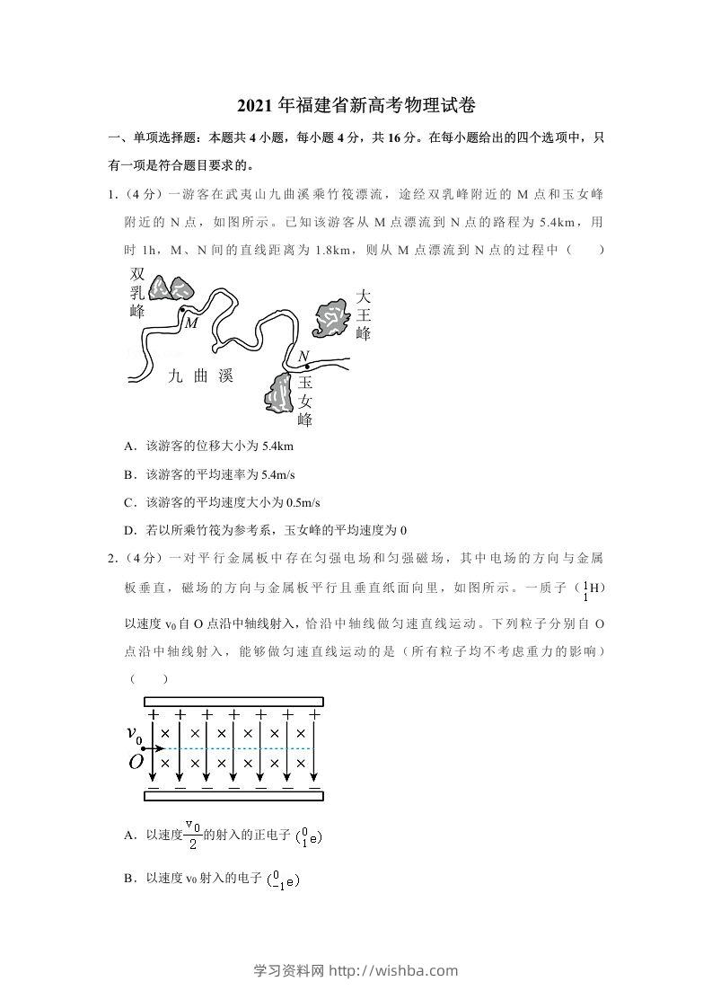 2021年高考物理试卷（福建）（空白卷）-学习资料站