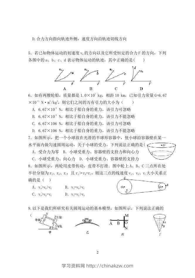 图片[2]-2020-2021年北京市延庆区高一物理下学期期中试卷及答案(Word版)-学习资料站