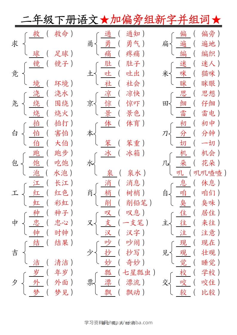图片[2]-二下语文【加偏旁部首组新字并组词】专项练习（含答案12页）-学习资料站