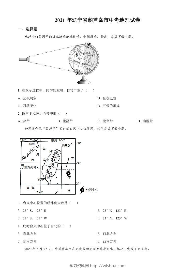 2021年辽宁省葫芦岛市中考地理真题（空白卷）-学习资料站
