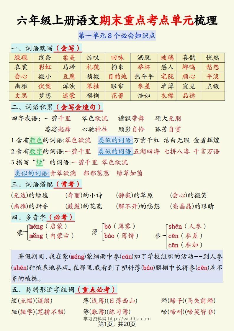 【期末重点考点单元梳理】六上语文-学习资料站