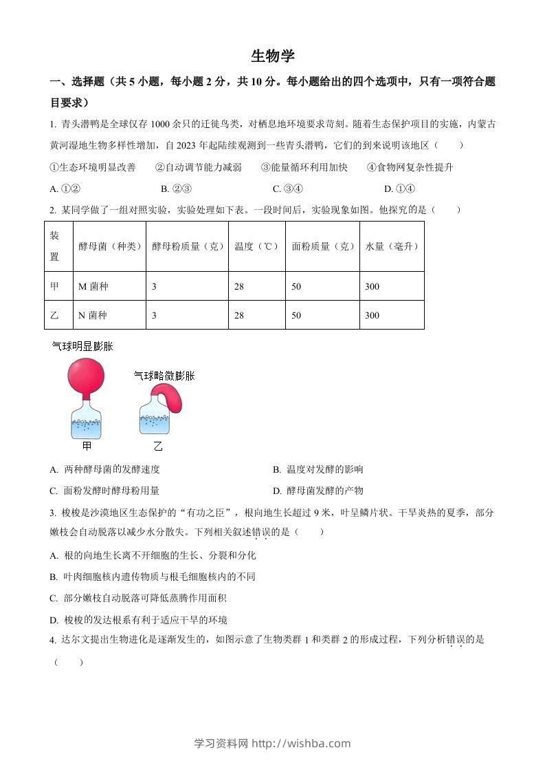2024年内蒙古中考生物真题（空白卷）-学习资料站
