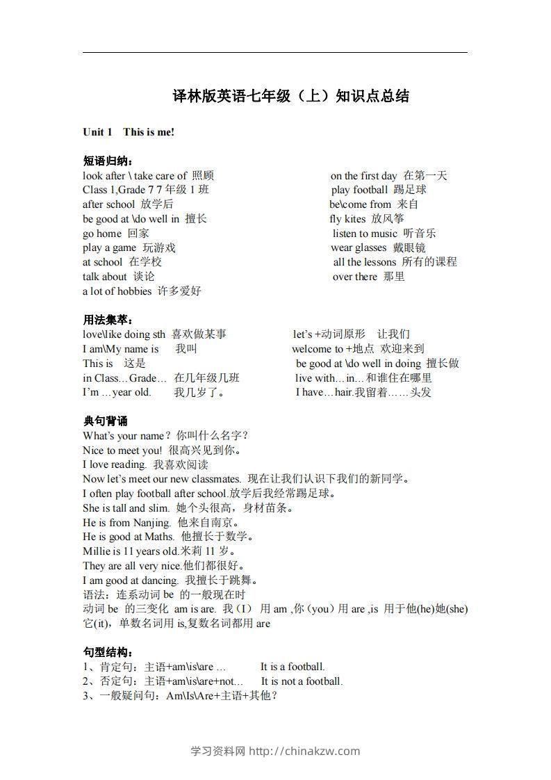 译林版英语七年级上册单元知识点总结-学习资料站