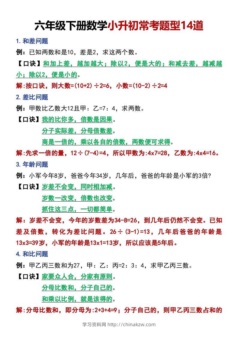六年级下册数学小升初常考题型14道-学习资料站