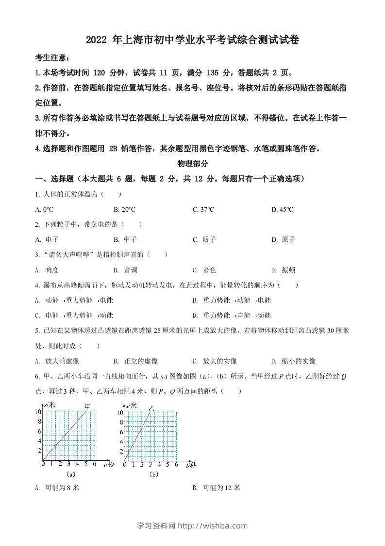 2022年上海市中考物理试题（空白卷）-学习资料站