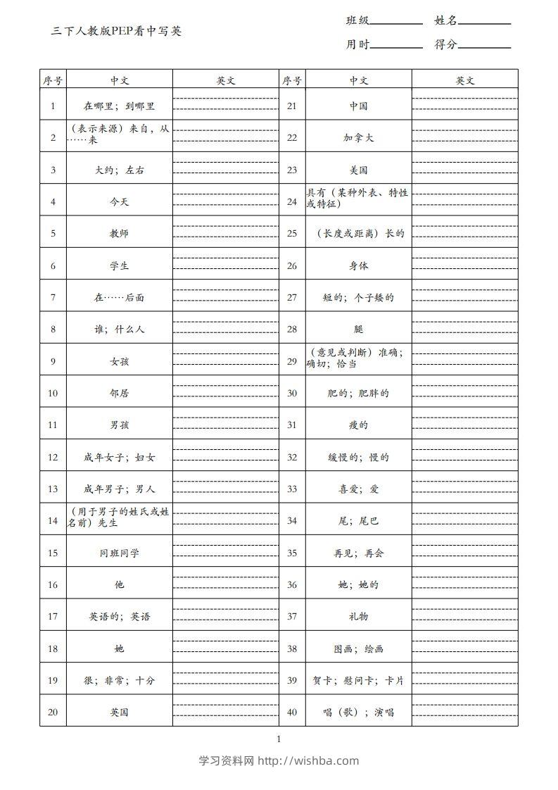 三下人教版英语PEP看中写英-学习资料站
