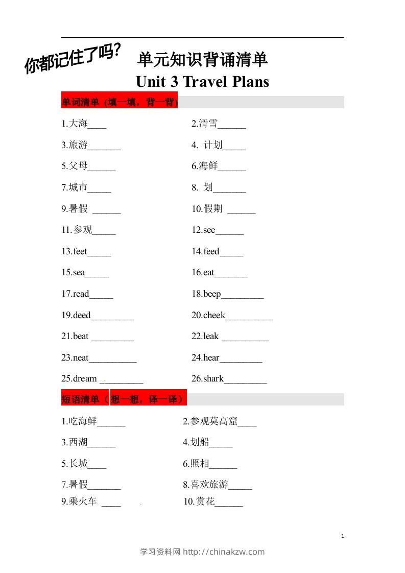❤四年级英语下册单元知识背诵清单Unit3TravelPlans人教新起点（含答案）-学习资料站