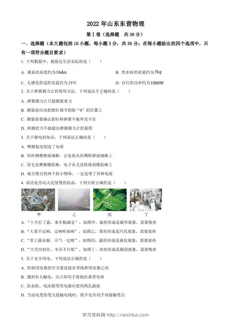 2022年山东省东营市中考物理试题（空白卷）-学习资料站