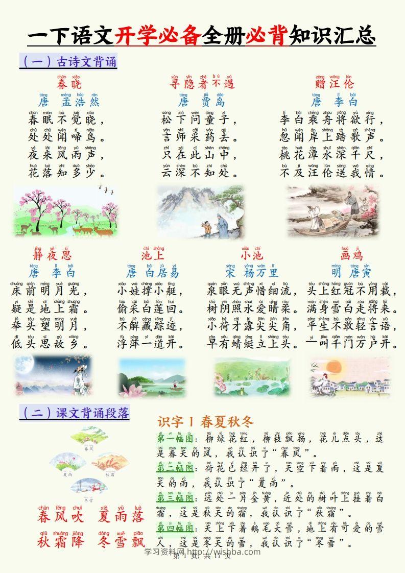 【25春一下语文开学必备全册必背知识汇总（十三类知识点）17页-学习资料站