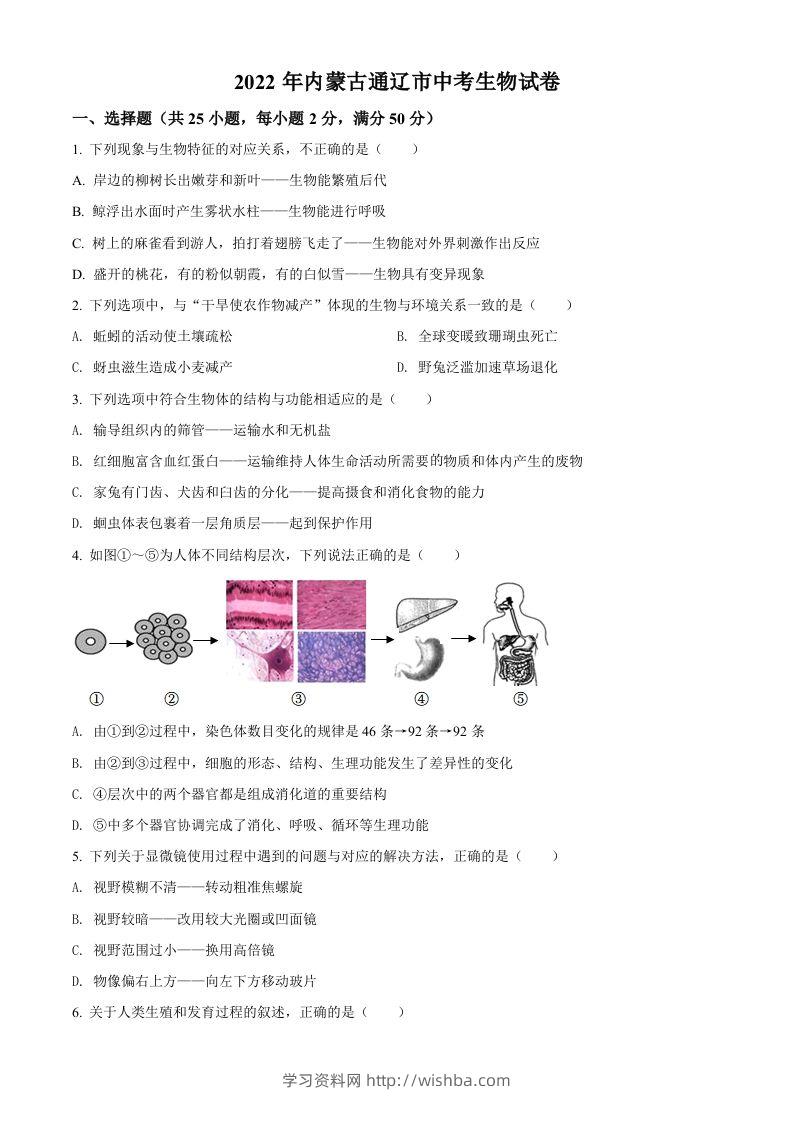 2022年内蒙古通辽市中考生物真题（空白卷）-学习资料站