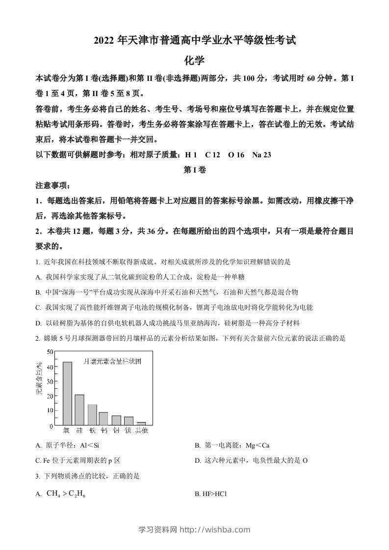 2022年高考化学试卷（天津）（空白卷）-学习资料站