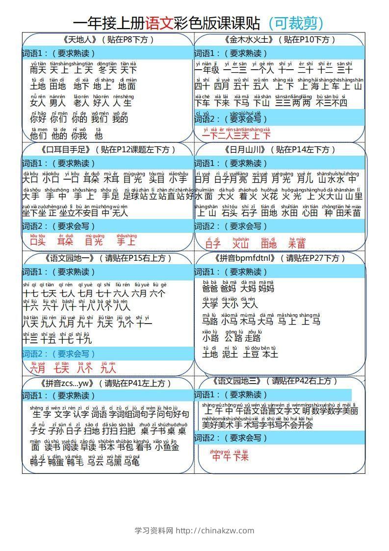 24秋一年级上册语文彩色课课贴-学习资料站