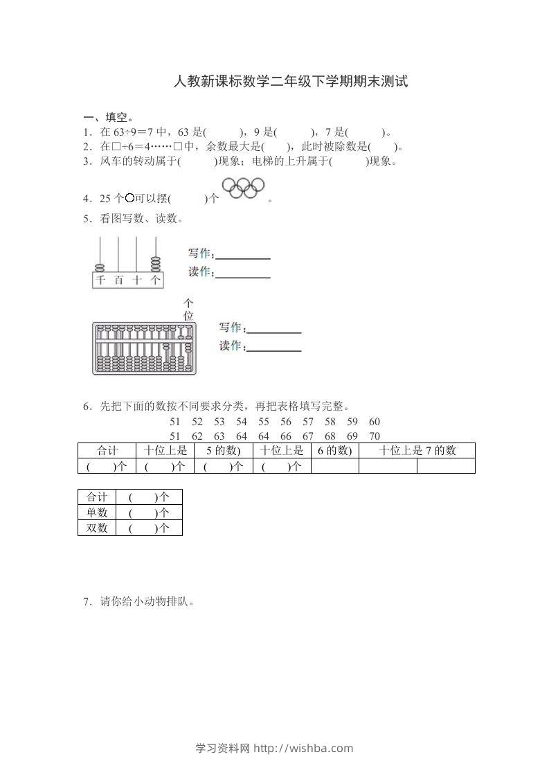 二下人教版数学期末测试卷10-学习资料站