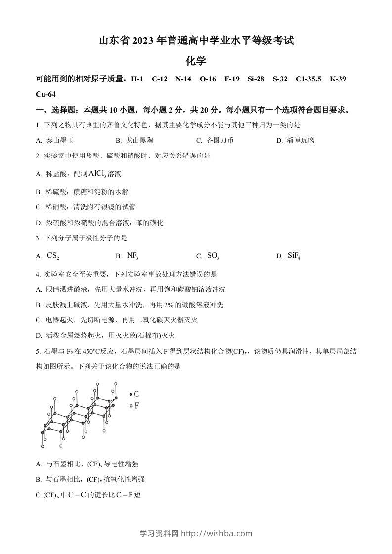 2023年高考化学试卷（山东）（空白卷）-学习资料站