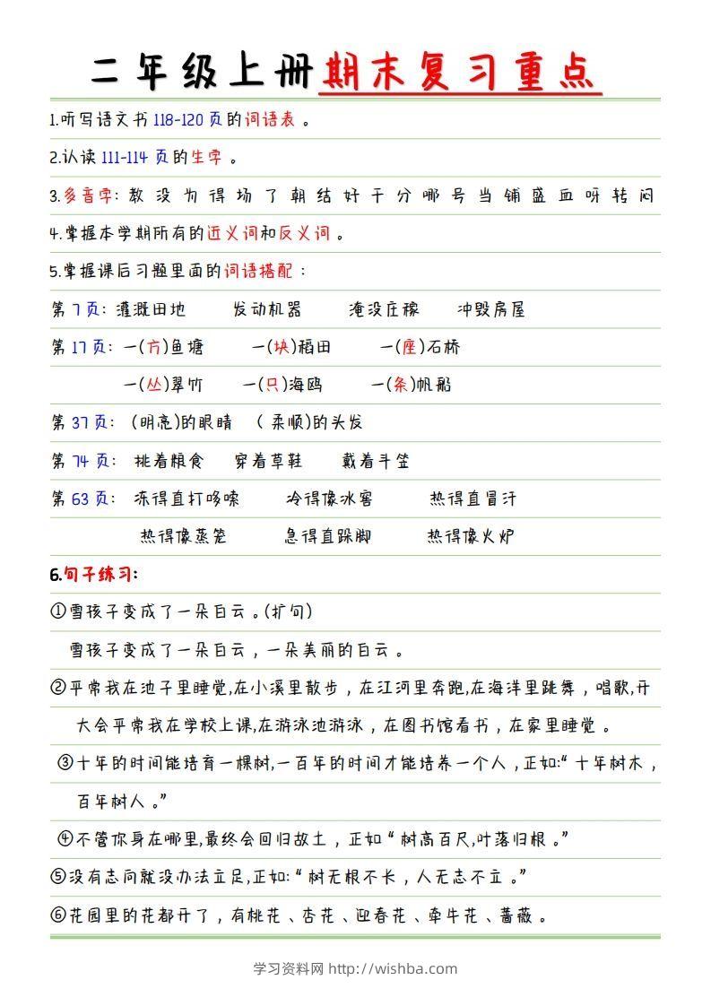 【复习重点点】二上语文-学习资料站