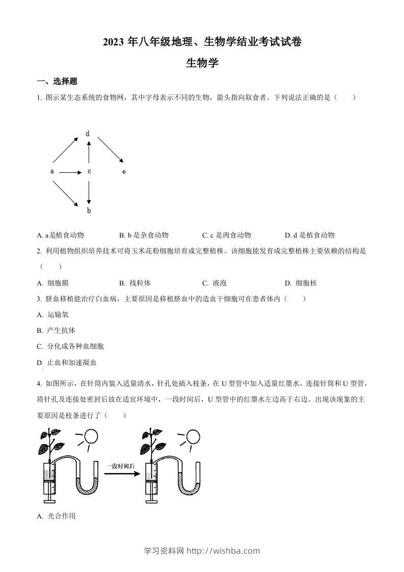 2023年内蒙古包头市中考生物真题（空白卷）-学习资料站