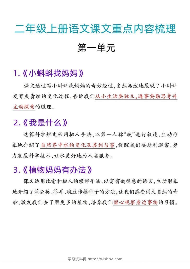 二年级语文上册课文重点内容梳理-学习资料站