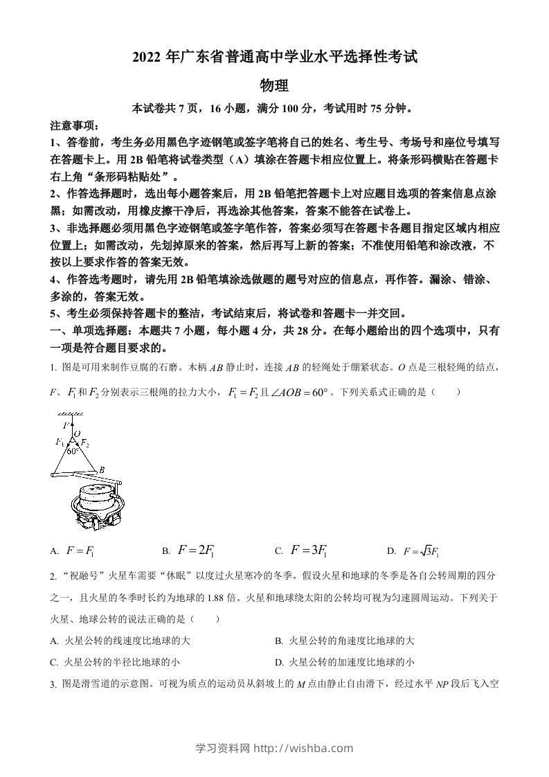 2022年高考物理试卷（广东）（空白卷）-学习资料站