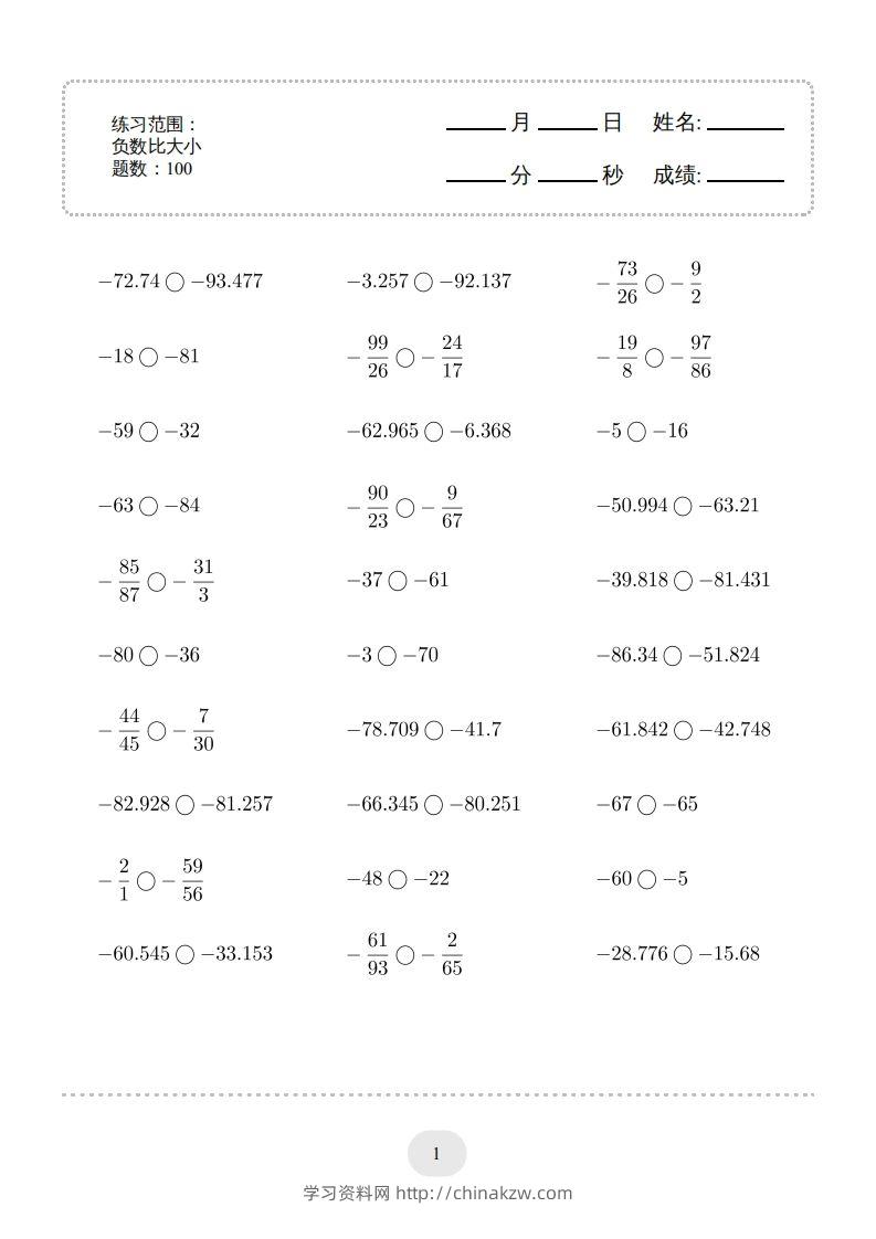 六年级数学下册口算题(负数比大小)1000题（人教版）-学习资料站