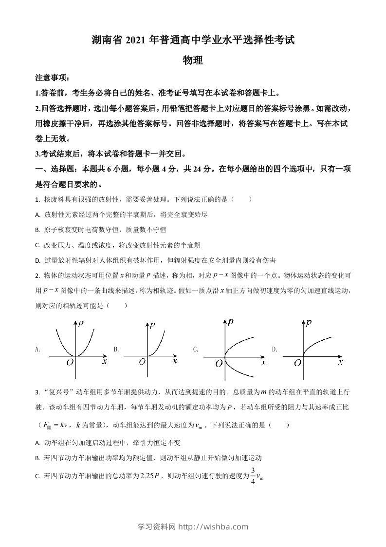 2021年高考物理试卷（湖南）（空白卷）-学习资料站