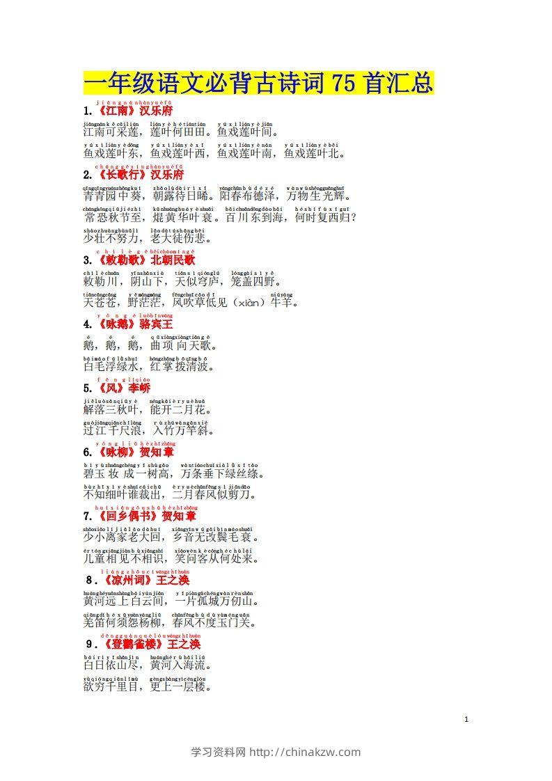 1.2《必背古诗词汇总》（注音版）-学习资料站