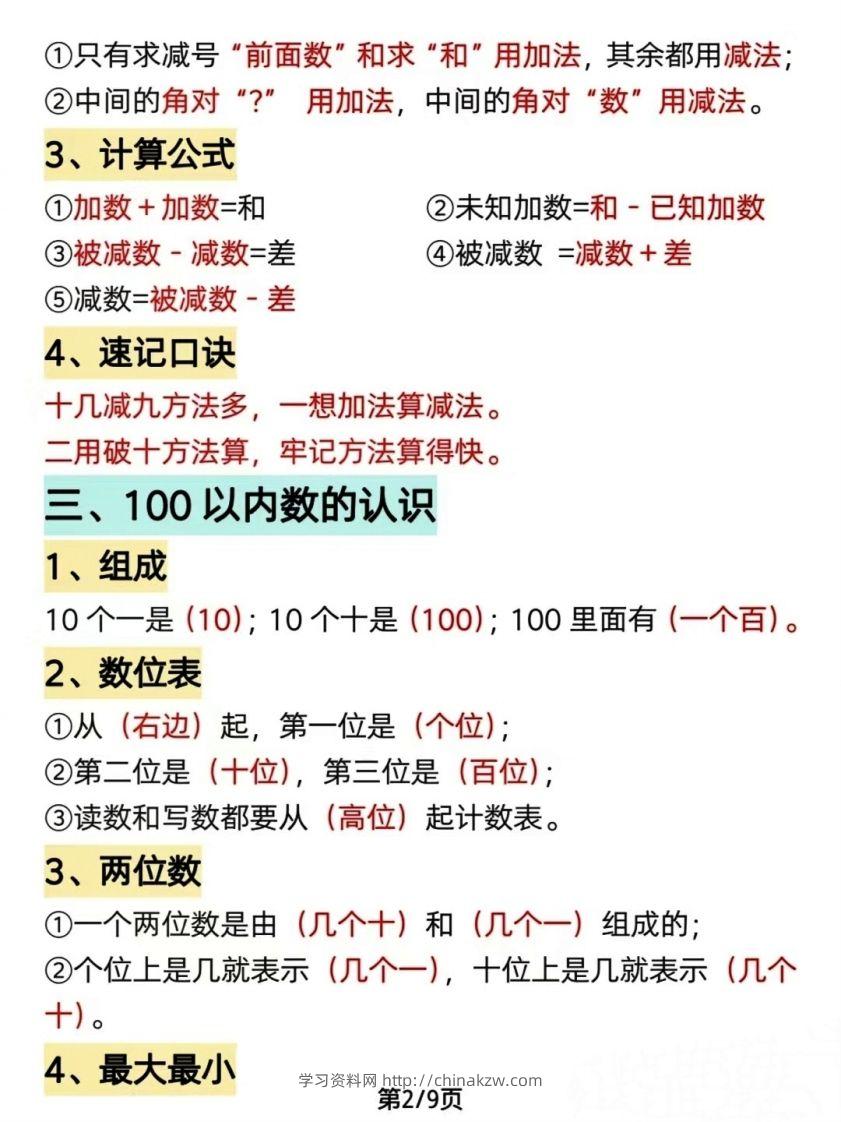 图片[2]-数学一年级下册必背知识点汇总（简洁版）-学习资料站