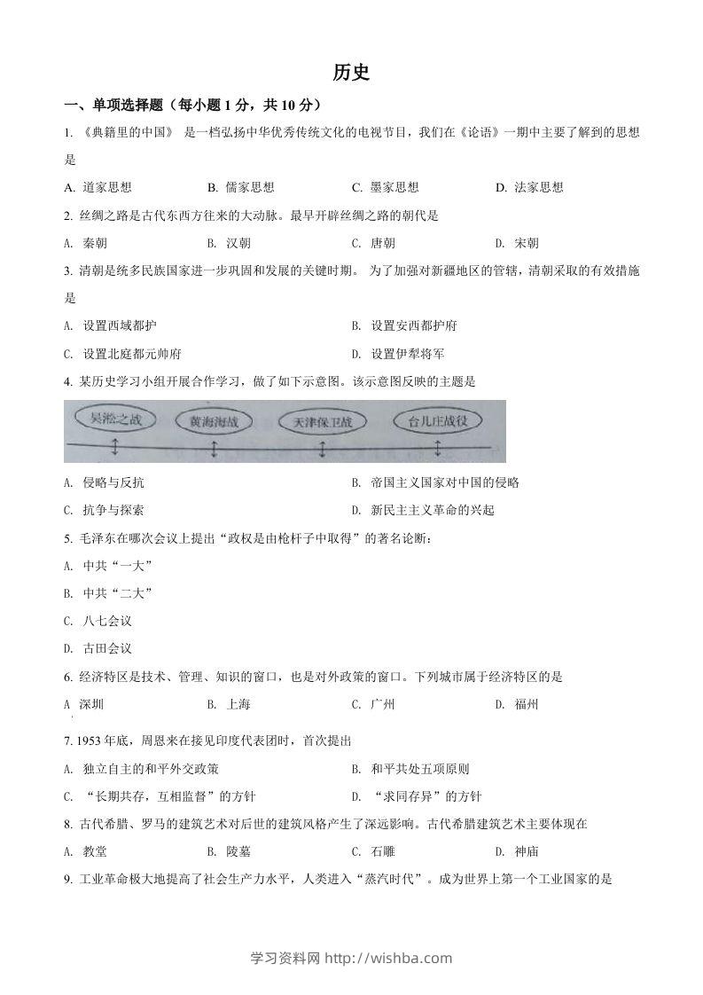 2022年吉林省中考历史真题（空白卷）-学习资料站