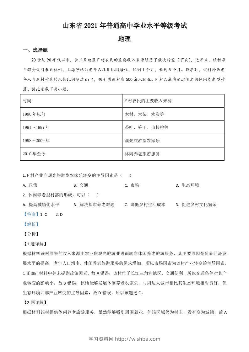 2021年高考地理试卷（山东）（含答案）-学习资料站