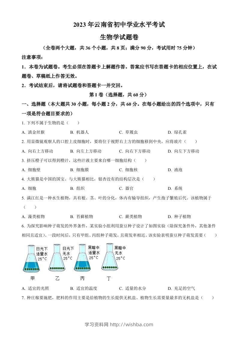 2023年云南省中考生物真题（空白卷）-学习资料站
