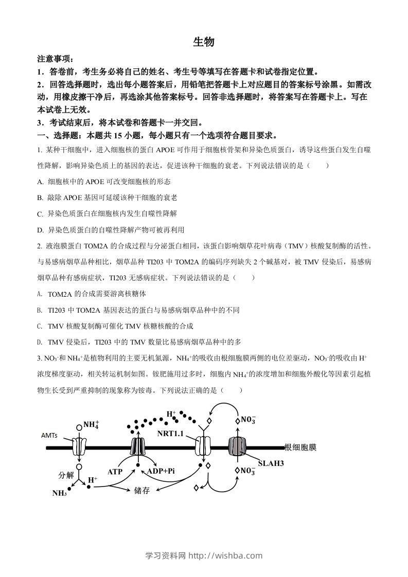 2022年高考生物试卷（山东）（空白卷）-学习资料站