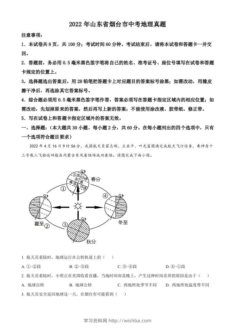 2022年山东省烟台市中考地理真题（空白卷）-学习资料站