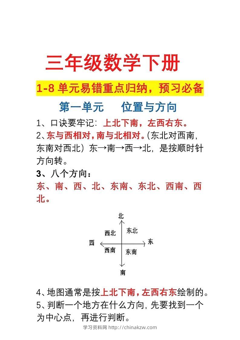 三年级数学下册1-8单元易错重点归纳-学习资料站