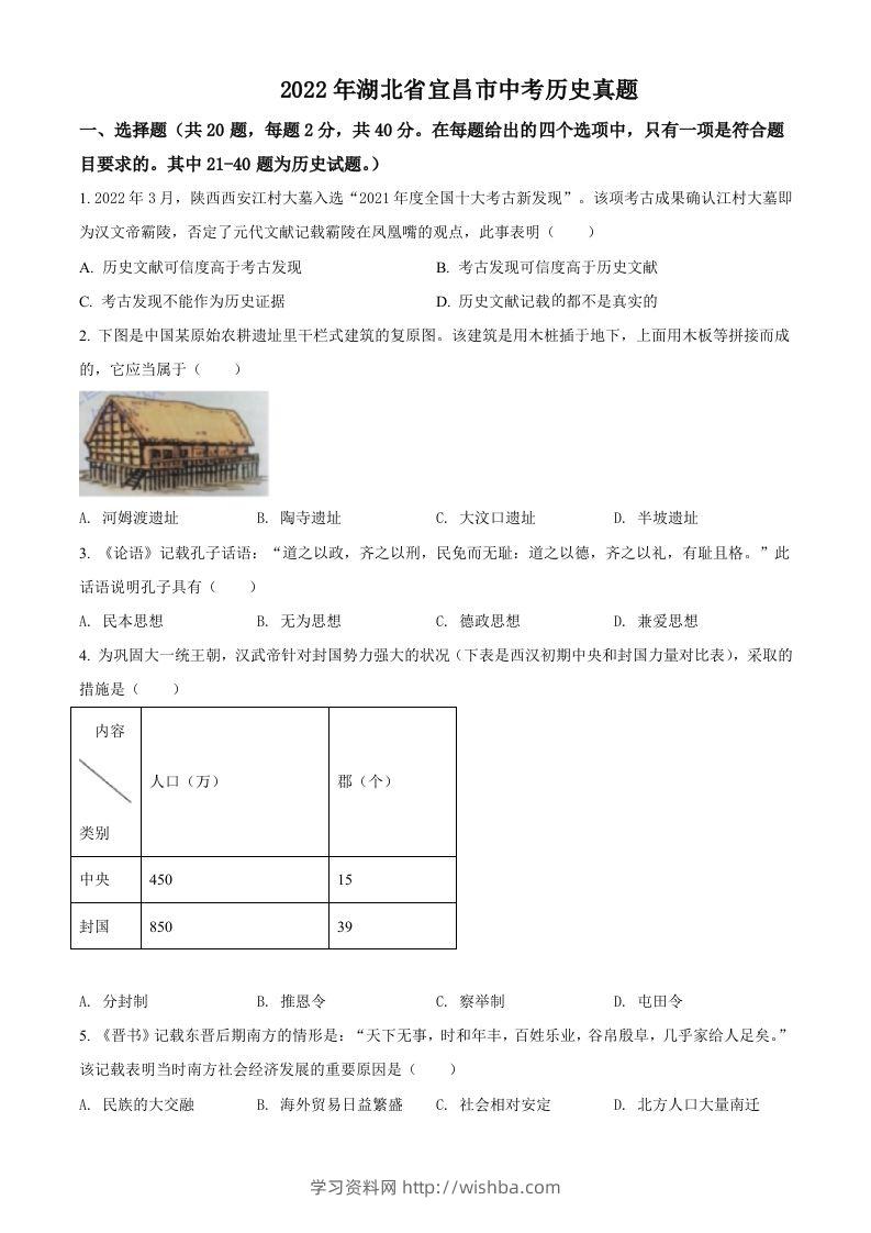 2022年湖北省宜昌市中考历史真题（空白卷）-学习资料站