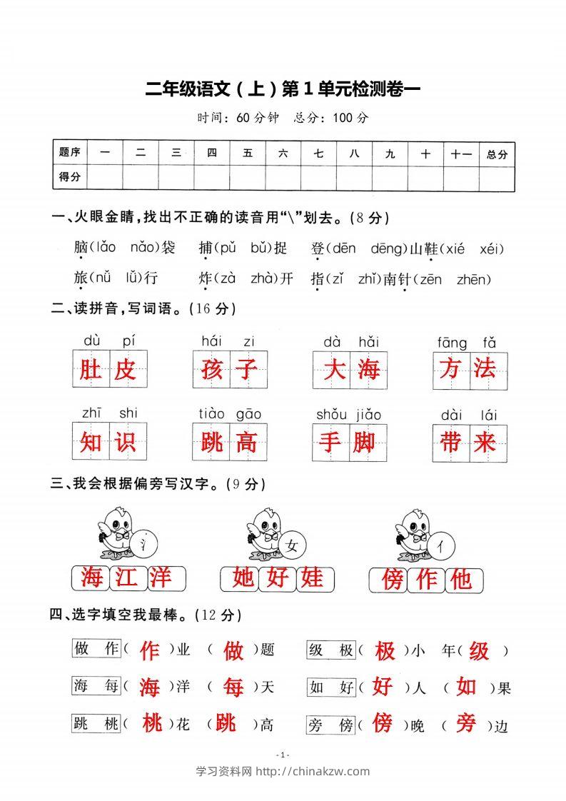 二上语文第一单元检测卷（一）-学习资料站
