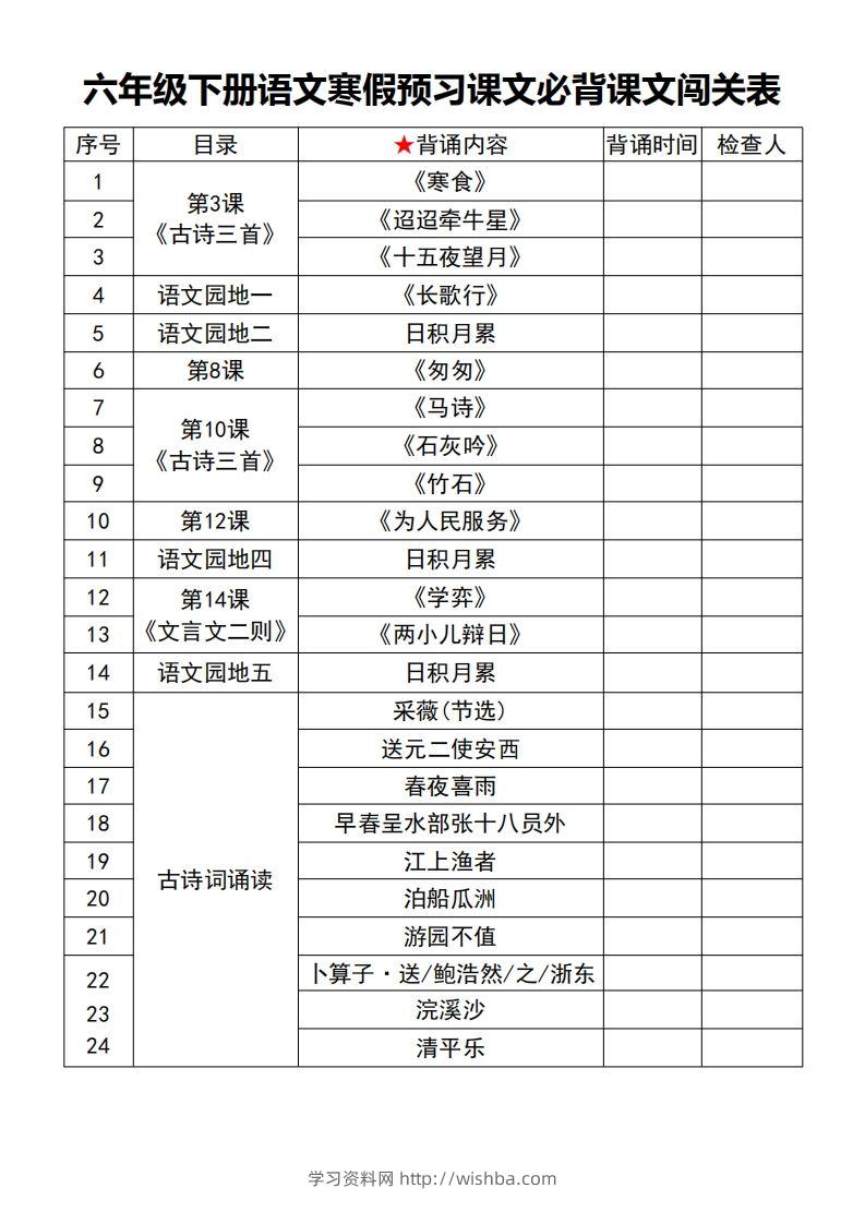 六年级【语文寒假预习】课文必背课文闯关表7页-学习资料站