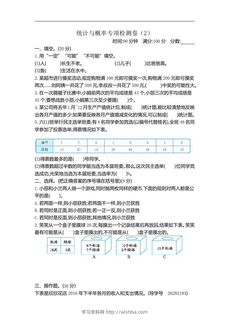 六下青岛63版数学期末统计与概率专项检测卷（2）-学习资料站